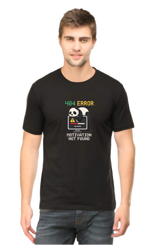 A man wearing a black crew neck t-shirt with text graphic that reads '404 ERROR' and 'MOTIVATION NOT FOUND'.