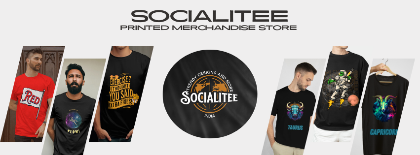 Socialitee printed merchandise store with t-shirts and a logo on a white background